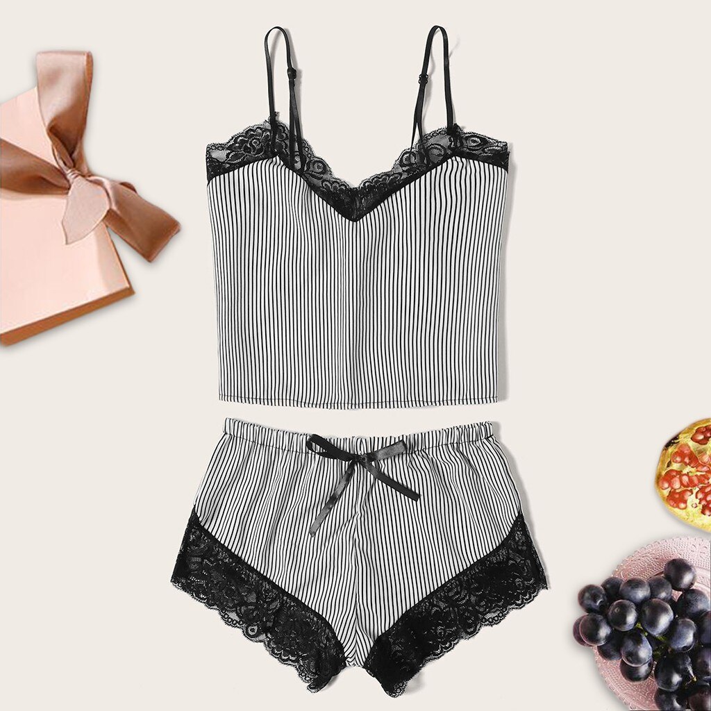 Pyjamas Women Pajamas Sleep Wear Women Lace Camisole Striped Bowknot Shorts Set Sleepwear Pajamas Lingerie пижама женская: XXXL