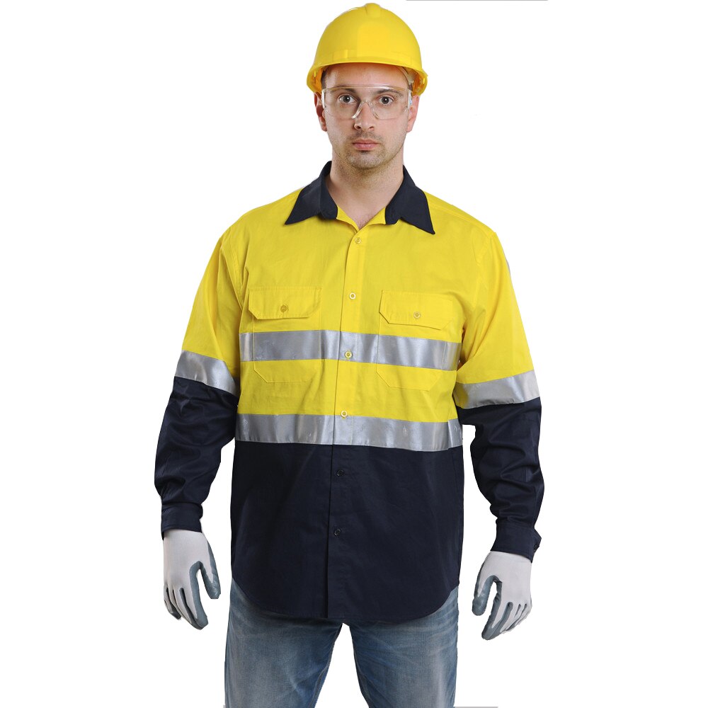 Mens Werk Shirt Lange Mouwen Veiligheid Werk Shirt Reflecterende Werkkleding 100% Katoen Oranje Navy Veiligheid Shirts Met Reflecterende Streep: yellow and navy / XXXL-chest 120cm
