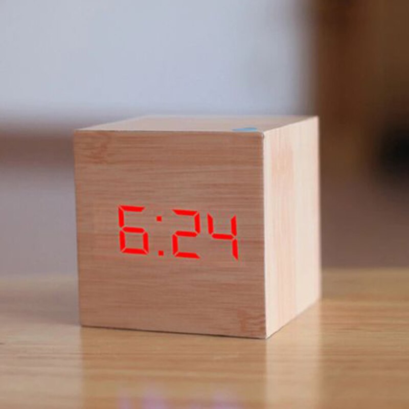 1PC Modern Wooden Cube USB Voice Digital Alarm Clock Digital Alarm LED Display Despertador Luminous Control Clock: 12