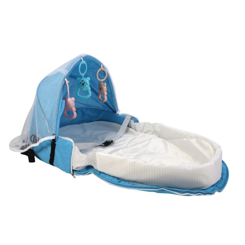 Baby baby rejsesenge solbeskyttelse myggenet åndbar baby seng sovekurv med legetøj: Blå