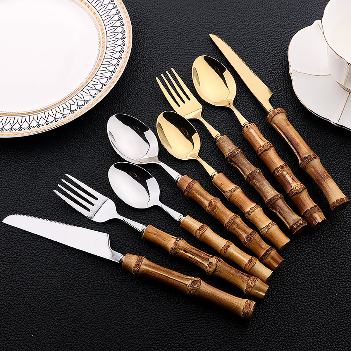 16 Stuks Natuur Bamboe Handvat Bestek Rvs Servies Sets Mes Vork Lepel Puur Natuurlijke Bamboe Servies Set