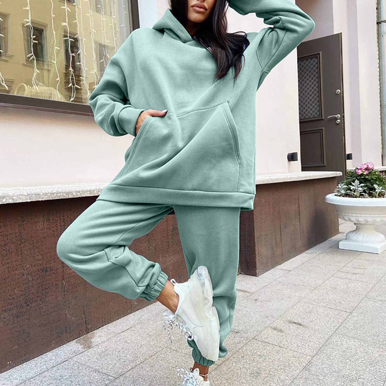 Autumn Winter Fleece Hoodies Two Piece Set Ladies Casual Sports Suit Hooded Pullover Solid Color Tracksuits Gym Clothing #3: S / Green