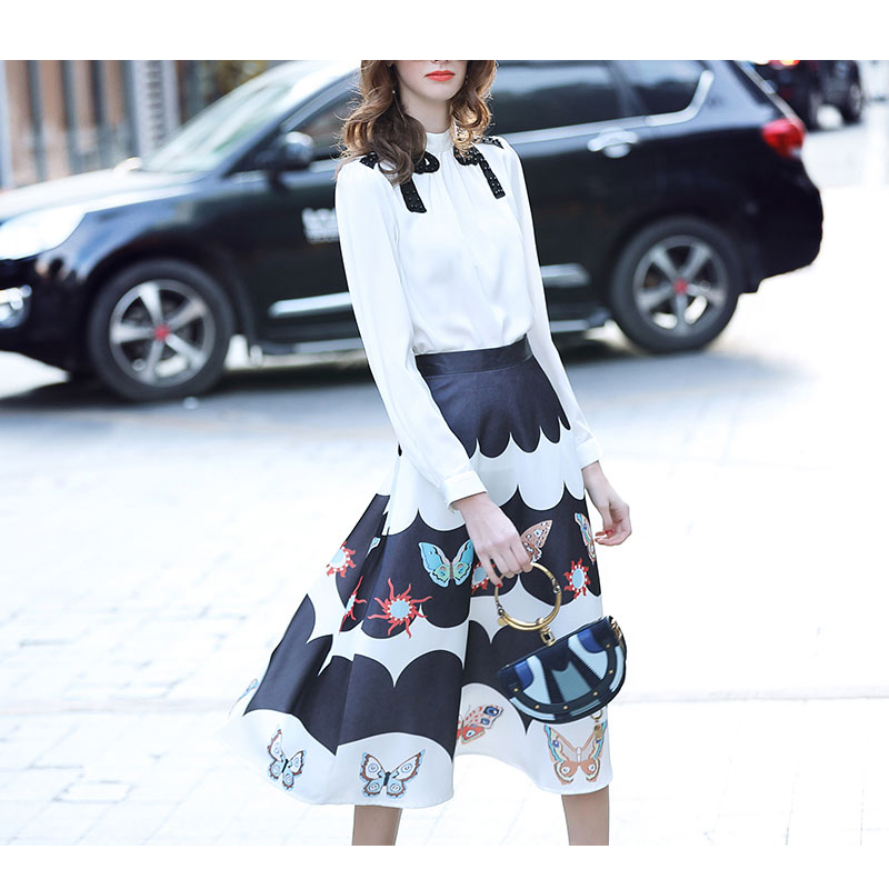 Conjunto de ropa de primavera y otoño para mujer, ropa de con lazos y bordado de cuentas, blusa y faldas largas estampadas, NS966