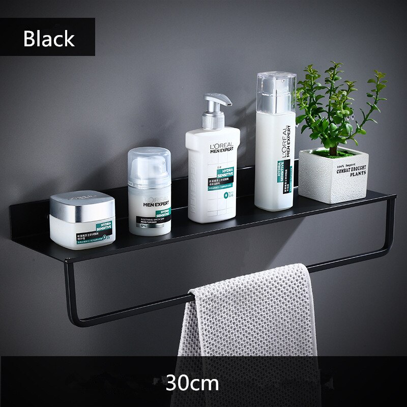 Zwarte Badkamer Planken Keuken Plank Met Haken Wandplank Douche Opbergrek Handdoek Bar Badkamer Accessoires 30-50 Cm lengte: 30cm with bar