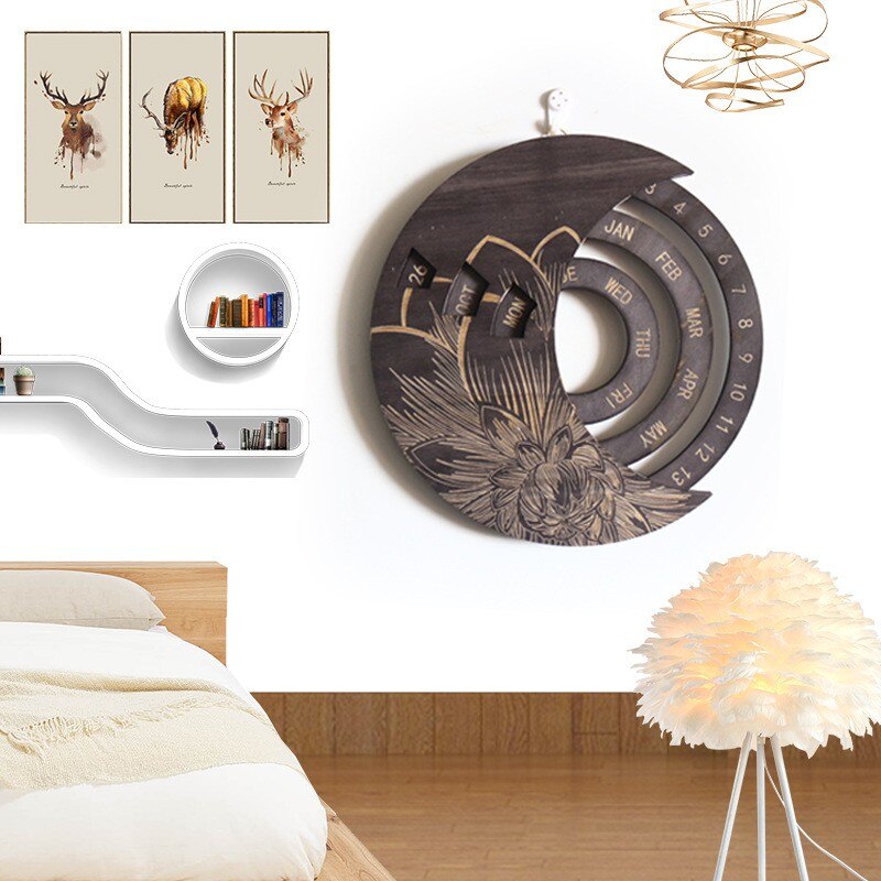 Round Wooden Moon Adjustable Perpetual Wall Calendar Rotatable Circular DIY Hand-Carved Calendar Retro Home Decoration