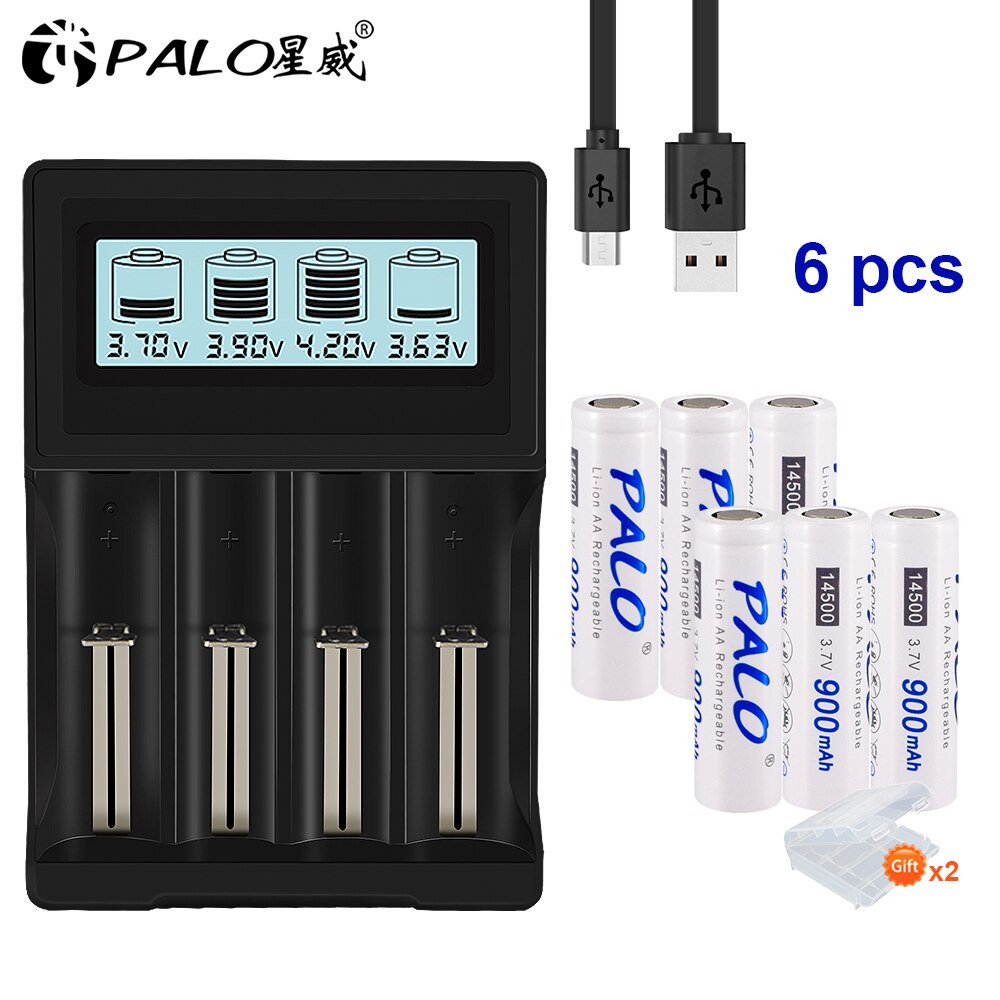 PALO 3.7V 18650 batterij oplader voor 18650 26650 16340 14500 lithium batterij + 14500 AA Li-Ion Oplaadbare Batterij: 6pcs and charger