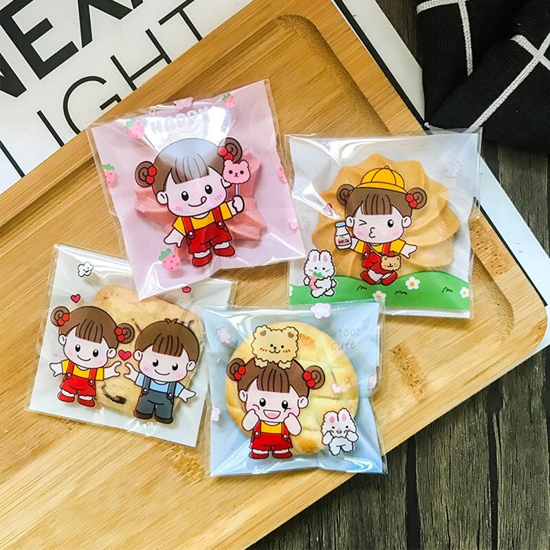 100 Stuks Jongen Meisje Zelfklevende Zakken Bakken Verpakking Ziplock Zak Cookie Snack Snoep Zak 7*7 + 3Cm
