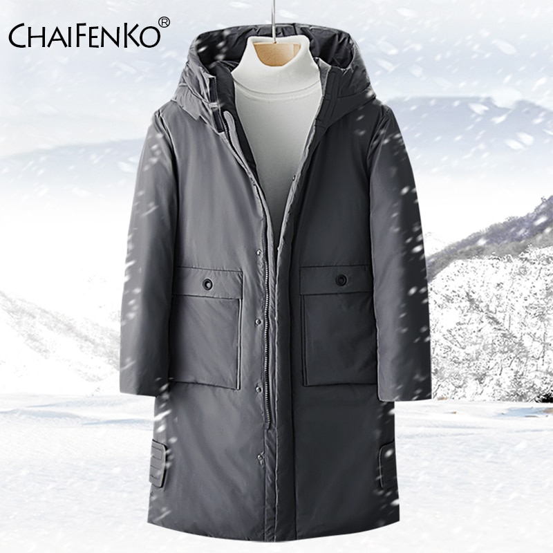 Chaifenko brand vinter varm dunjakke mænd casual business lang tyk hætte vindjakke mænd solide parkaer mænd 3xl