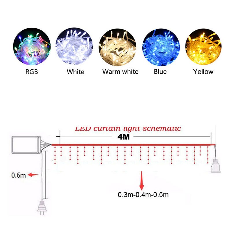 Guirlande lumineuse rideau Led d&#39;extérieur, 5M, 0.4 à 0.6m, décoration de noël, mariage, , fête, jardin, avant-toit