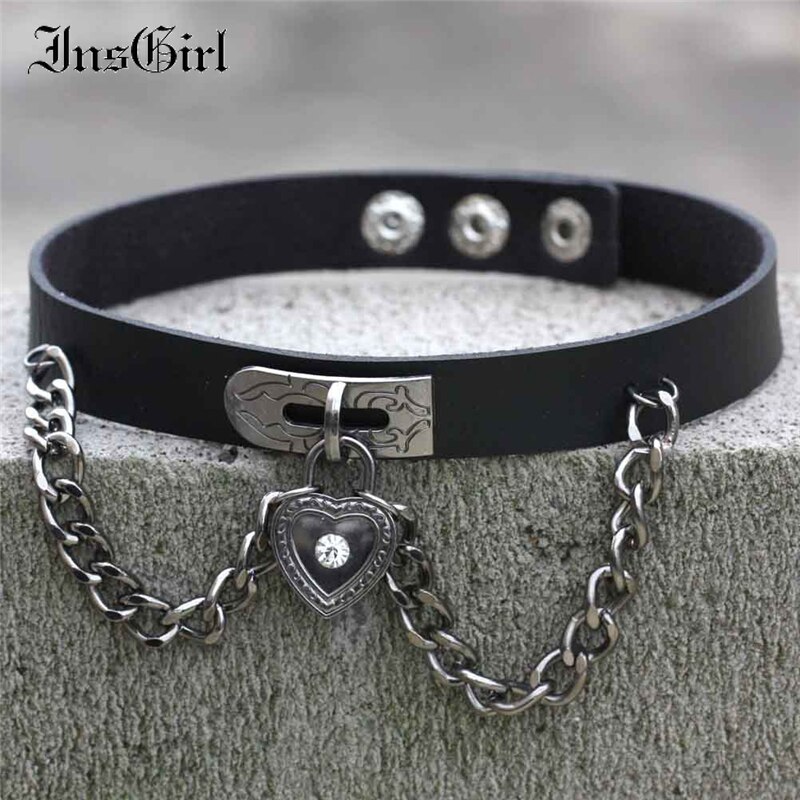 InsGirl Mall Goth Punk Choker Y2k E-girl Streetwear Cospay Heart Pendant Chain Hip Hop Harajuku Gothic Pu Leather Choker