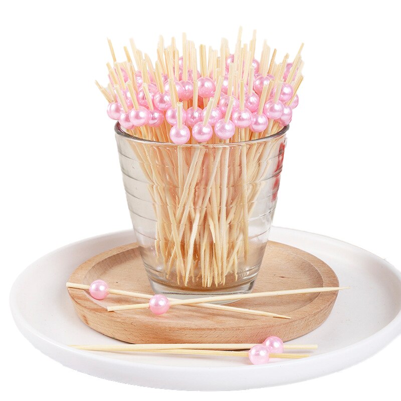 100PCS Gold Beads Bamboo Fruit Sticks For Kids Cocktail Decoration Picks Salad Sandwich Buffet Toothpicks Wedding Party Supply: Pink Beads