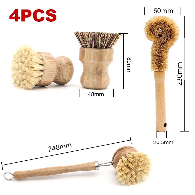 Juego de cepillo de limpieza a base de plantas hecho de bambú, Sisal, Ebow Coir para cocina, botella, Herramientas de limpieza de platos, 4 Uds.: Short