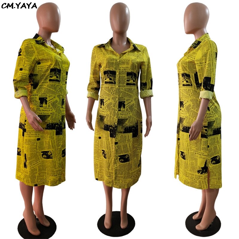 Vrouwen Zomer Brief Krant Print Button Up Lange Mouwen Mid Calf Lengte Dres Blouse Shirt Mode Jurken 2 Kleur LKE8017