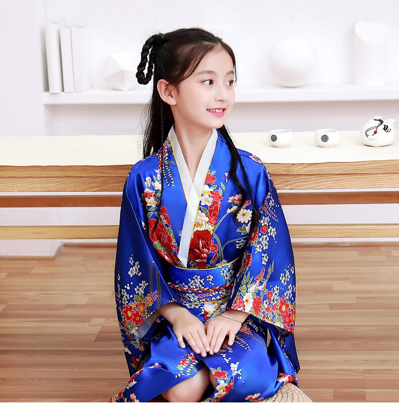 Kimono tradicional chino para niños, vestido de seda, vestido para niña, vestido de una pieza: Royal blue / 150