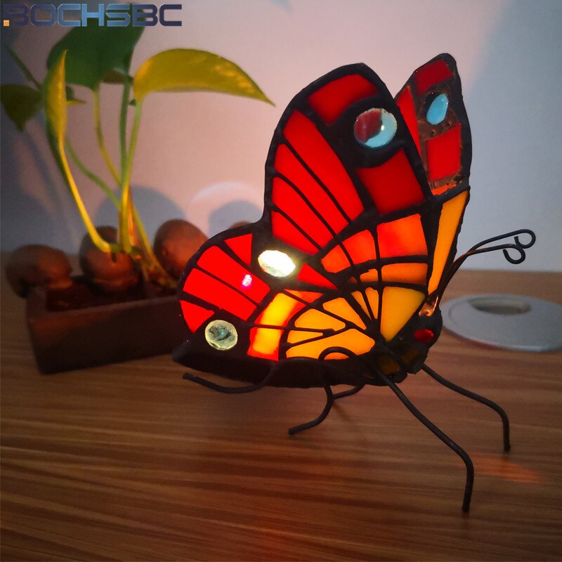 BOCHSBC Tiffany Vlinder Gekleurd Glas Kaars Houder Slaapkamer Nachtlampje Nachtkastje Theelichthouder Home Deco Sfeer Verlichting