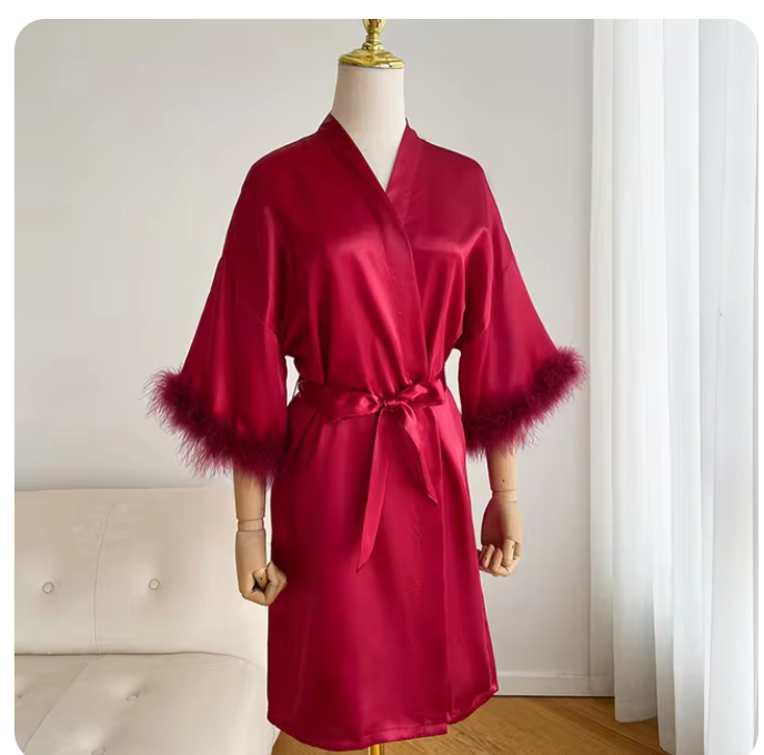 Peignoir en satin blanc avec plumes pour femme, robe de mariée, kimono sexy pour demoiselle d'honneur, quel que soit le court, peignoir pour patients, InDispensLingerie: Marron