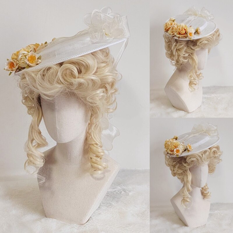 066C Exquisite Lolita Hat Flat Top Hat with Light Yellow Flowers All-match Bonnet Hat for Afternoon Pastoral Party Tea Party