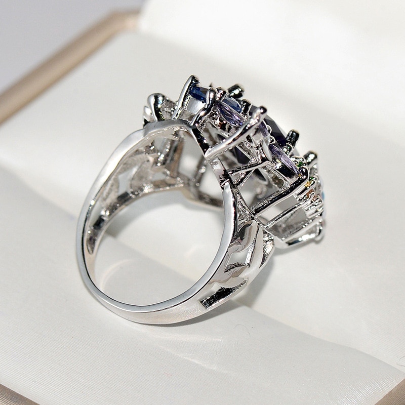 Luxury Big Rainbow Flower Ring Boho Female Party Ring Promise Engagement Rings For Women Wedding Jewelry