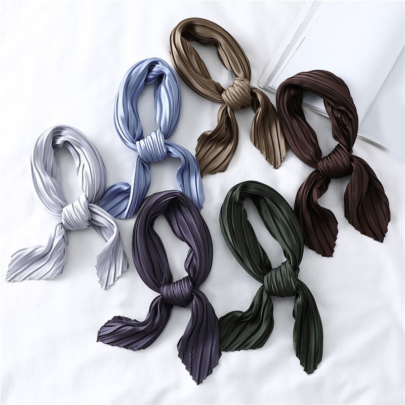 Silk Pleated Scarf Square Scarf For Women Small Scarves Soft Satin Neckerchief Decorative Headscarf Solid Hair Scarf Summer