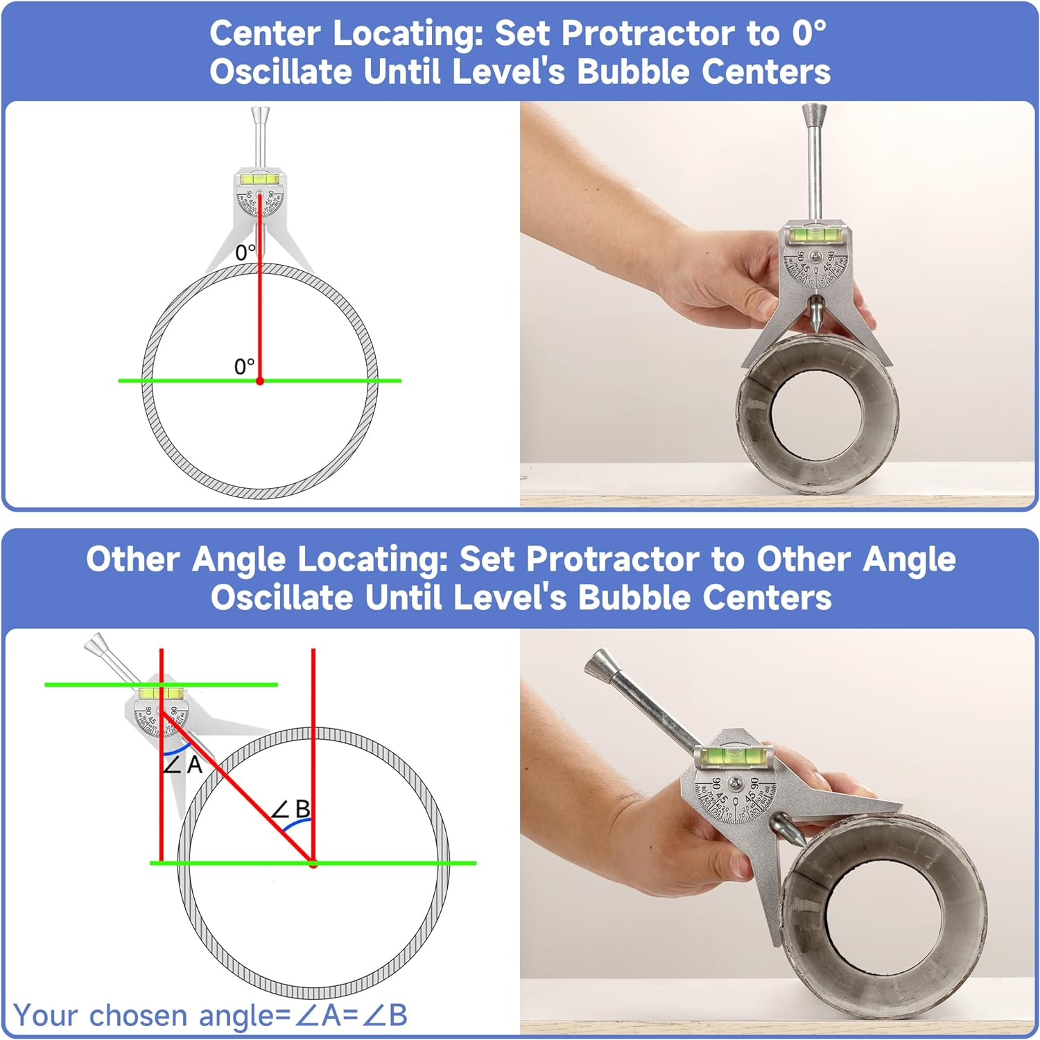 Pipe Center Finder Measure Pipe Diameter With Adjustable Dial Bubble Protractor 4" Y-Type Safety Pipe Marker Centering Head Tool