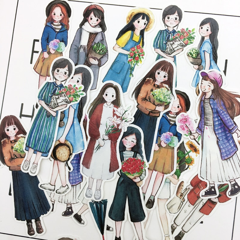 28pcs Hand Drawing Watercolor cute girls Planner journaling stickers scrapbooking DIY Dry Glue Sticker kawaii stationery