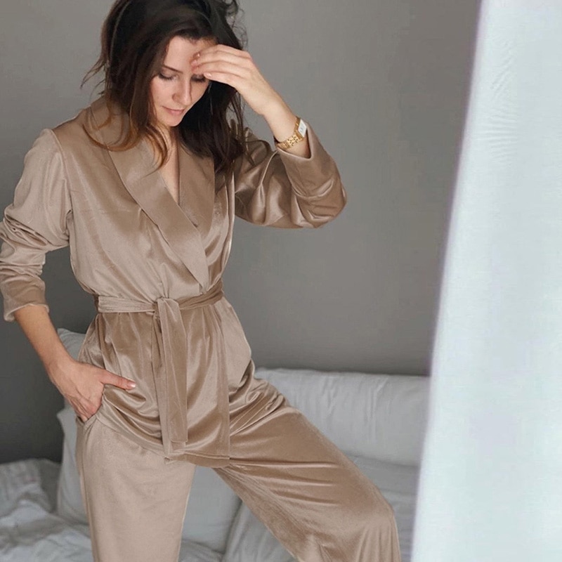 HiLoc Khaki Spring Robe Set With Sash Warm Knitted Long Sleeve Women Sleepwear Velvet Pajamas With Pants Nightwear Pajama: L