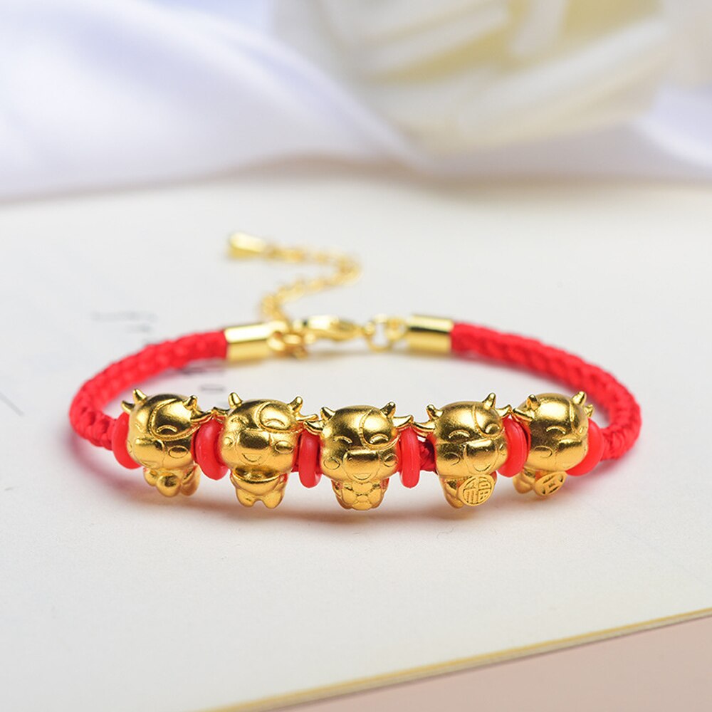 Wufu bull transferência grânulo corda vermelha mascote zodíaco cowe pulseira de ouro mulheres homens sorte animal bangle chinês ano novo presentes: Gold plated-red