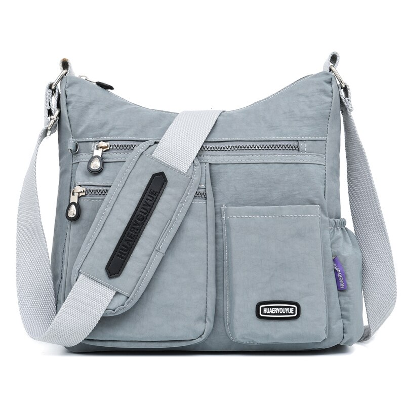 Kvinner nylon skuldervesker multi glidelås lomme budvesker vanntett crossbody bag topphåndtak ryggsekk veske tote: Sølvgrå