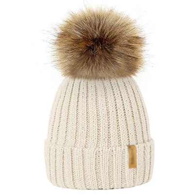 Ouder/kind dames mutsen warme winter pompom bont gebreide mutsen dames baby meisjes jongen bont pompom muts ski sneeuwmuts: Wit / Kinderhoed