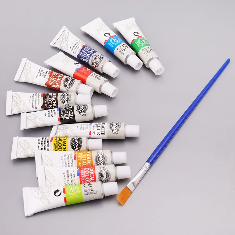 Lot de Tubes de peinture Gouache, 12 couleurs, 6ml, peinture à dessin, peinture pigmentée avec pinceau,
