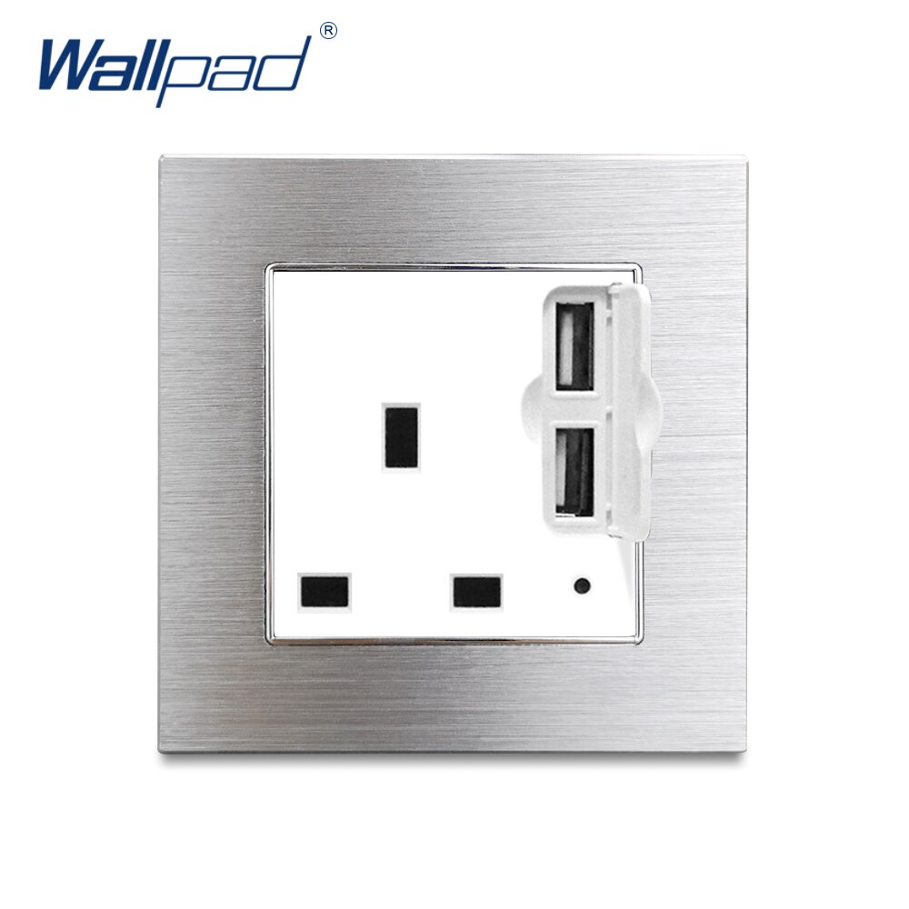 13A UK Socket with Double USB Charging Port with LED Indicator Wallpad Silver Metal UK socket with 2 USB Ports: White