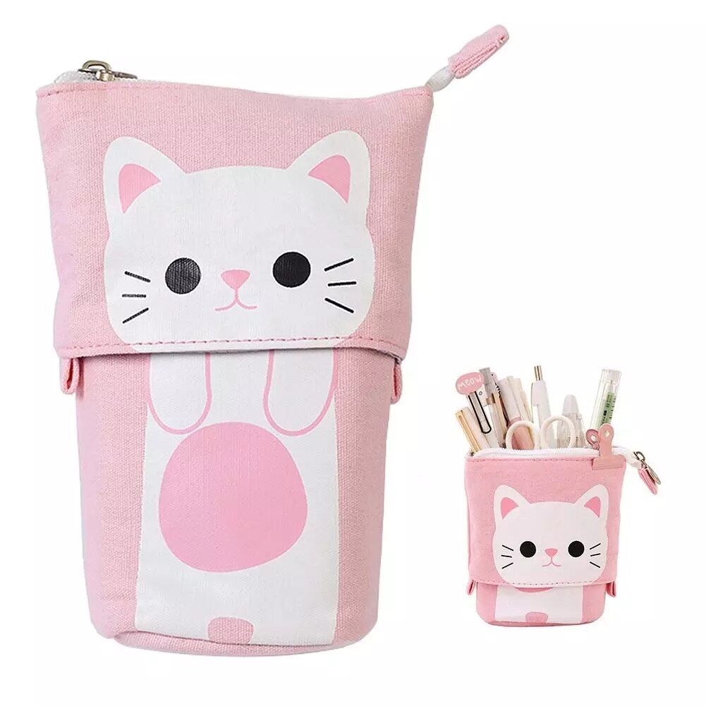 Pen Pencil Bag Case Cartoon Cute Cat Bear Sheep Canvas Fold Standing Holder Stationery Organizer Kids