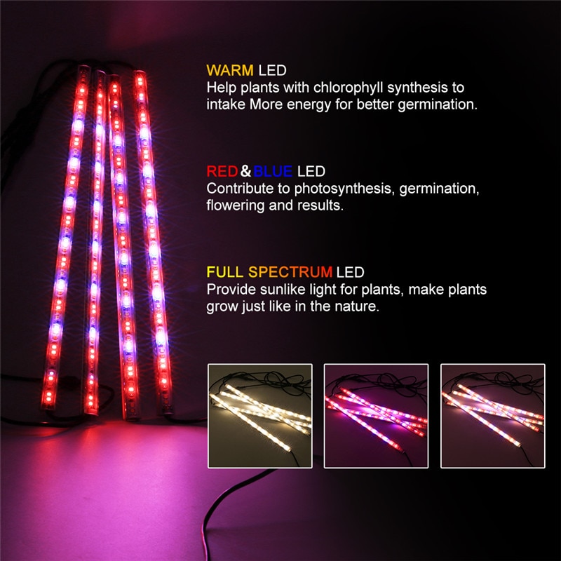 4 stuks led kweeklampstrips volledig spectrum/rood+blauw/warm wit kamerplanten zaden fytolamp timing dimmer met / 12v 5a