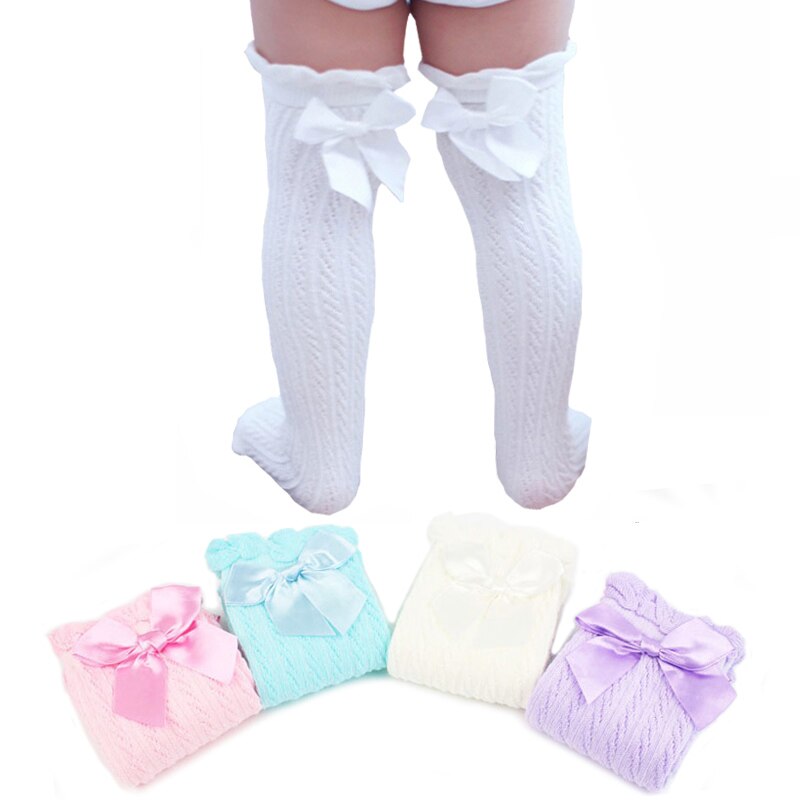 Chaussettes hautes pour -né, chaussettes d'été en maille fine, en coton doux, avec nœud papillon, pour bébé fille