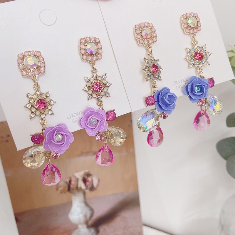 MENGJIQIAO Korean Vintage Resin Flower Waterdrop Crystal Dangle Earrings For Women Girls Party Pendientes Jewelry