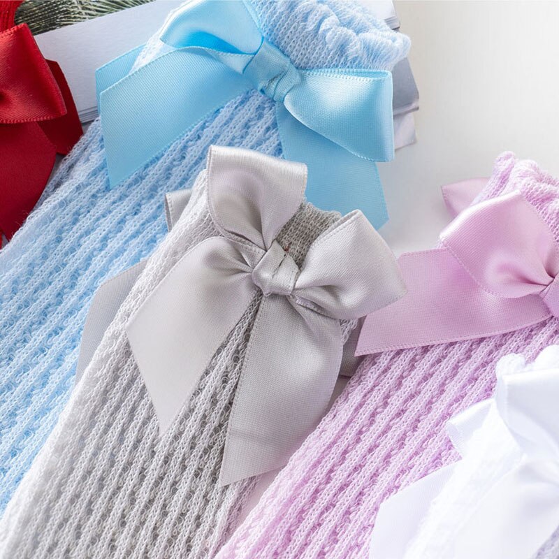 Chaussettes d'été pour bébé fille, avec nœuds, en maille, pour -né, hautes, respirantes, couleur unie, douces, en coton, pour nourrissons