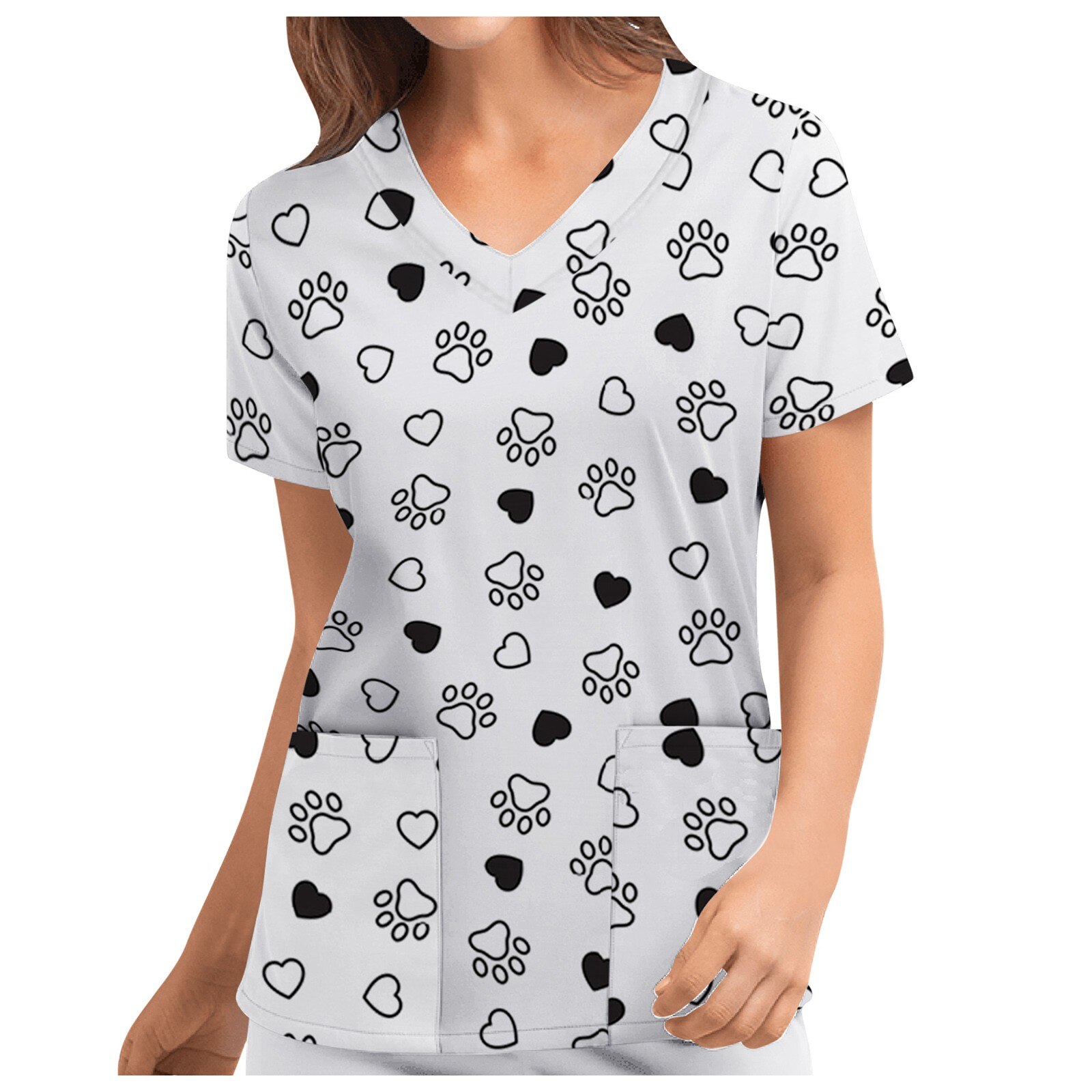 Rouge coeur motif t-shirts femmes mignon saint valentin amour poche col en v manches courtes haut ample Blusas Mujer Manga Corta: White  / S