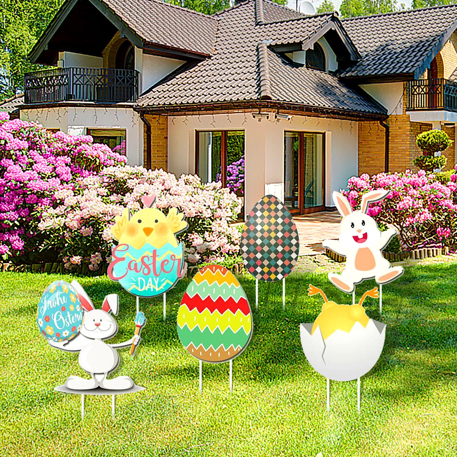 Easter Courtyard Sign Outdoor Yard Lawn Easter Theme Party Decorations Outdoor Adorable Bunny Chick Eggs Yard Signs Garden Deco