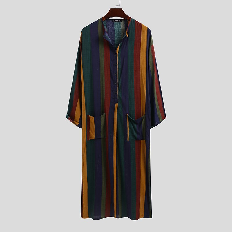 Incerun män etnisk mantel vintage randig långärmad muslim kaftan mantel o hals knappar jubba thobe fickor dubai arabiska kläder: 4xl