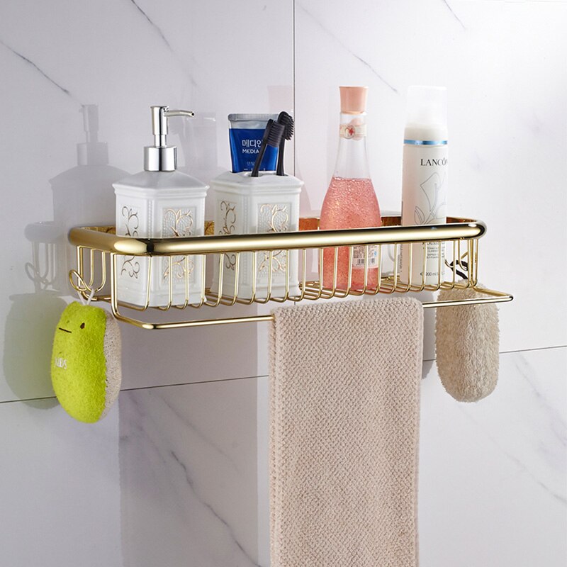 Luxe Douche Badkamer Accessoires Set, Handdoek Ring, Papier Houder, Kapstok, Wc Borstel, gepolijst Gold, Bad Hardware: 45cm Shower Basket