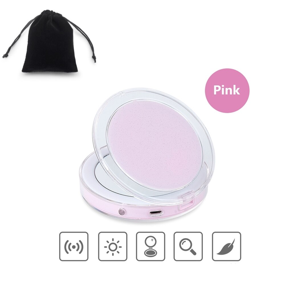 Espejo de maquillaje plegable con luz led 5 veces aumento espejo cosmético anillo de belleza espejo de luz foto Luz de relleno espejos pequeños: Pink with bag