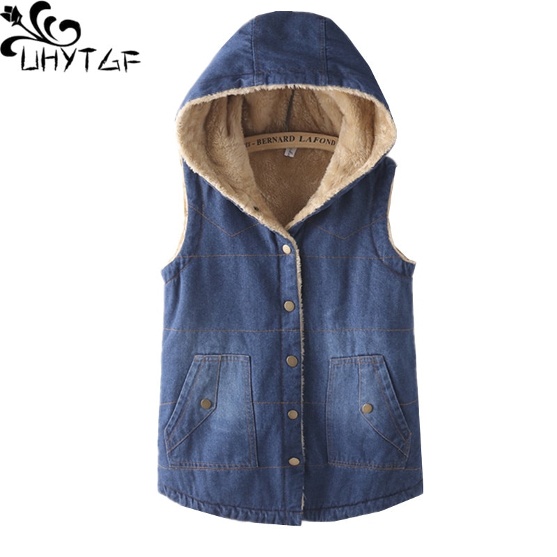 Uhytgf ermeløs høst vinter denim vest kvinner pluss fløyel tykk lamme kashmir varm vest vest løs korte jeans vester 1514