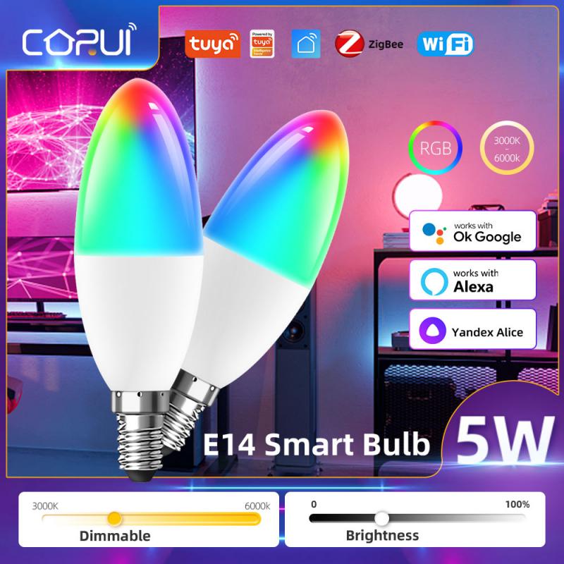 E14 tuya zigbee 3,0 smart candle bulb rgbcw 5w led light bulb smart home control works with alexa google home alice