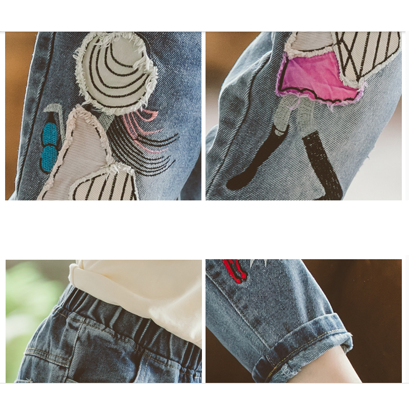 Tecknade blå jeans för barn flickor småbarn slitna kläder söta prinsessa jeansbyxor baby girl jeans tonårsbyxor bomull 12t