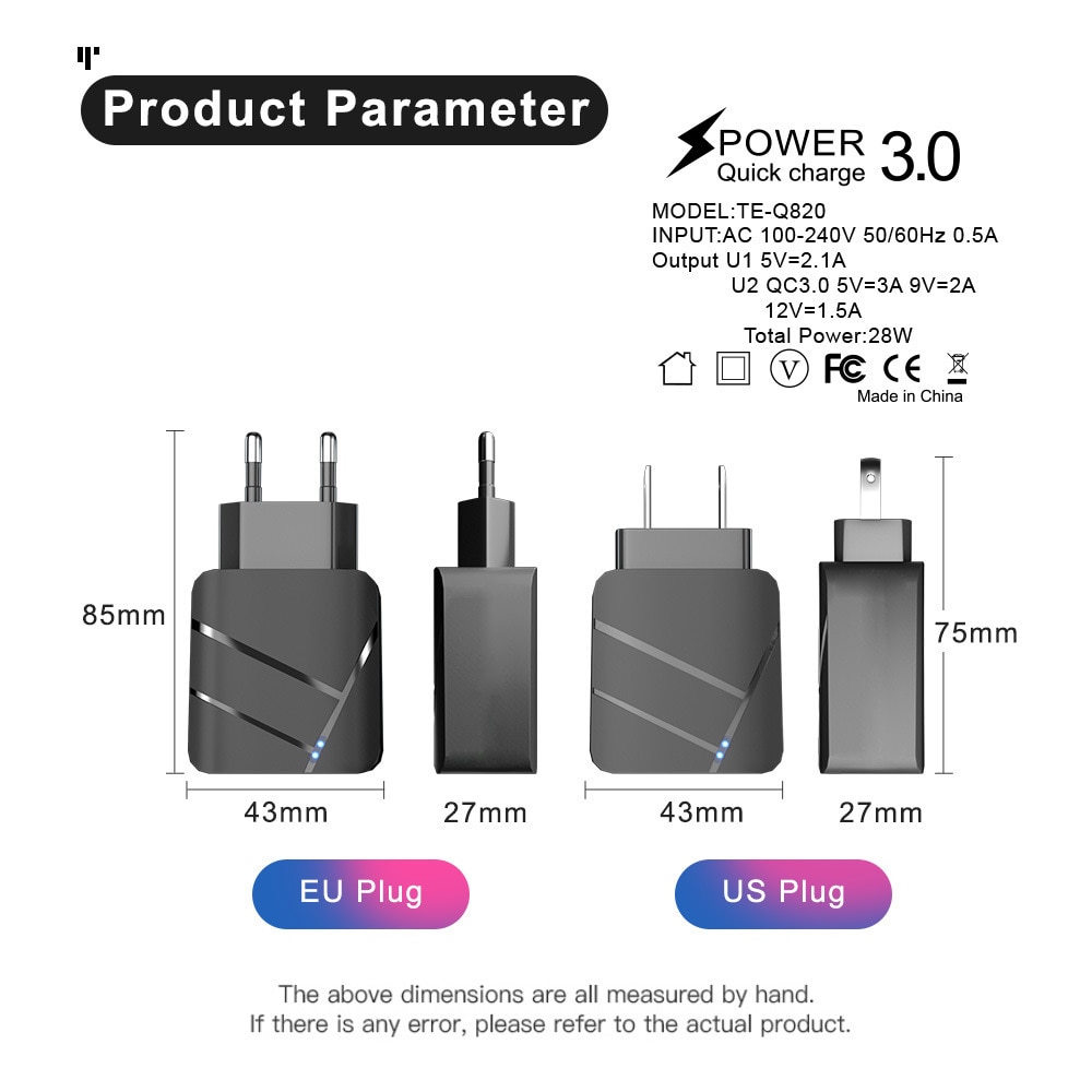 Cargador de pared USB Dual para teléfono móvil cargadores adaptador para Samsung iPhone 11Pro Xiaomi QC3.0 cargador de carga rápida Carga rápida 3,0