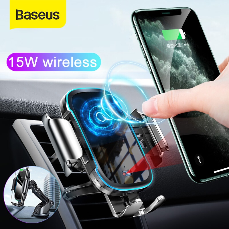 Baseus Auto Telefoon Oplader Stand 15W Draadloze Opladen Mount Voor Iphone Samsung Mobilephone Lading Houder Auto Air Outlet Ondersteuning