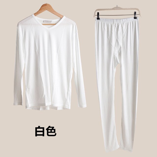 Men's 50% Silk 50% Viscose Base Layer Long Johns Warm Thermal Underwear Set L XL 2XL TG204: white / L