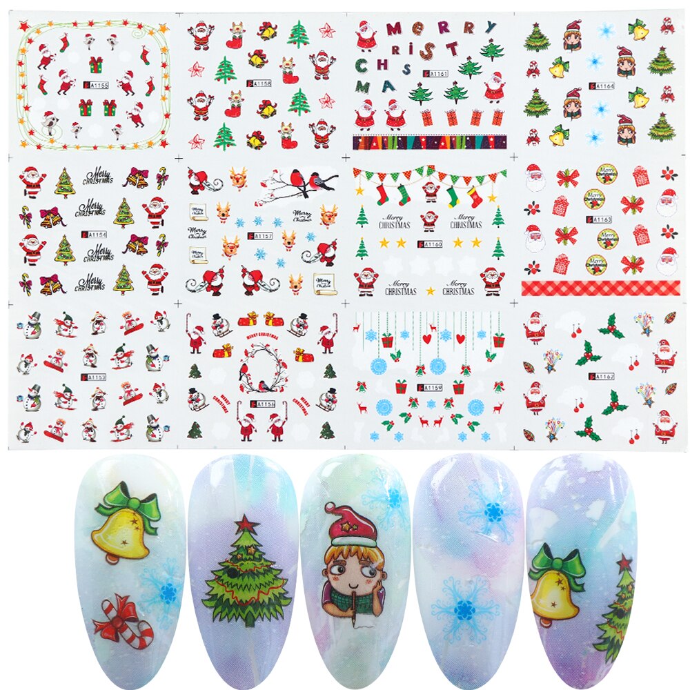 Deslizador de uñas de Navidad, 1 Uds., de uñas de Año de Papá Noel, Elk, muñeco de nieve, ciervo, tamaño grande, cubierta completa, pegatina de transferencia de uñas de agua GLBN/A-1: A1153-1164