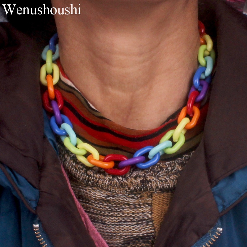 7 colors boho rainbow necklace colorful acrylic link chain necklaces for women brief girls 40+5cm di154