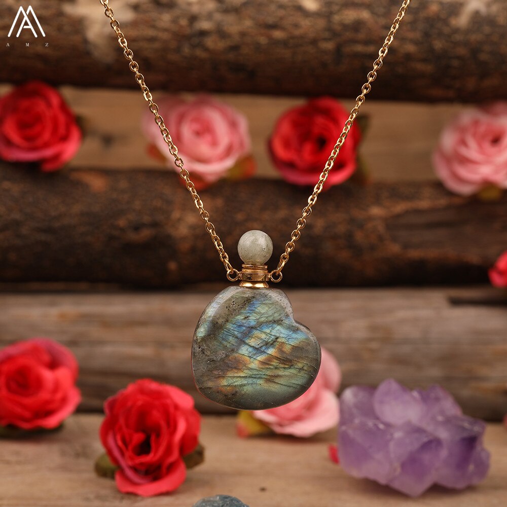 Arco-íris labradorite garrafa de óleo essencial perfume garrafa pingente colar moda feminina coração gem pedra jóias presente dropship: Cor dourada pura